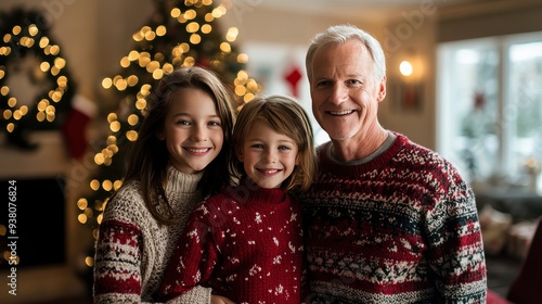 A heartwarming Christmas family portrait with coordinating holiday attire, posed in front of a decorated tree. The scene conveys joy, togetherness, and festive spirit.