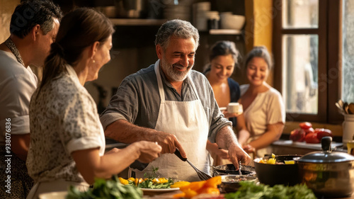 group of middle-aged friends is taking a cooking class