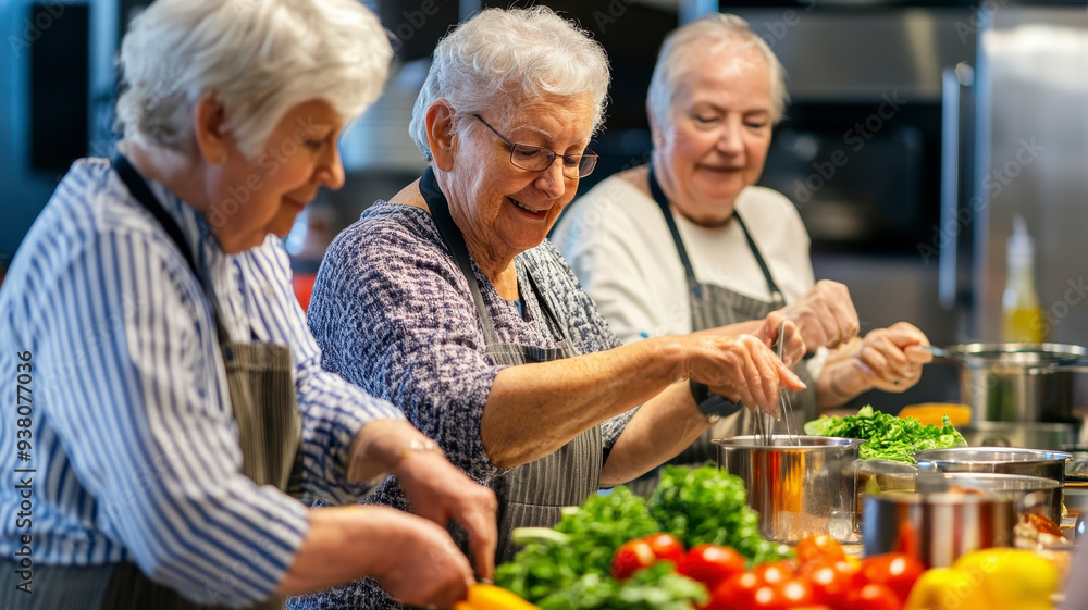 group of middle-aged friends is taking a cooking class group of middle-aged friends is taking a cooking class