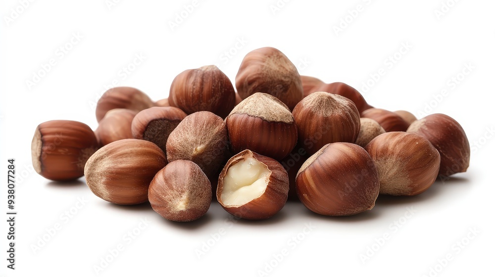 A pile of hazelnuts, some with the shell removed, isolated on a white background. A pile of hazelnuts, some with the shell removed, isolated on a white background.