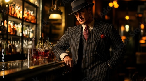 Wallpaper Mural A sharply dressed gangster in a pinstripe suit and fedora leans against a polished bar in an elegant speakeasy, surrounded by vintage liquor bottles and warm, ambient lighting Torontodigital.ca