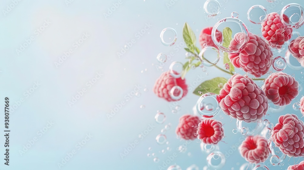 Fresh red raspberries floating in water with bubbles on a blue background. Fresh red raspberries floating in water with bubbles on a blue background.