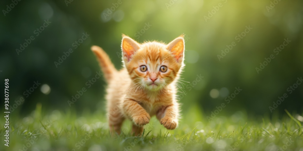 A tiny orange kitten bounds through a lush green grassfield, lifting its front paws high like hind legs. A tiny orange kitten bounds through a lush green grassfield, lifting its front paws high like hind legs.