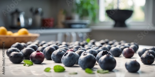 Toonested breoned with jonem onend blueberries on white monerble toneble in kitchen. photo