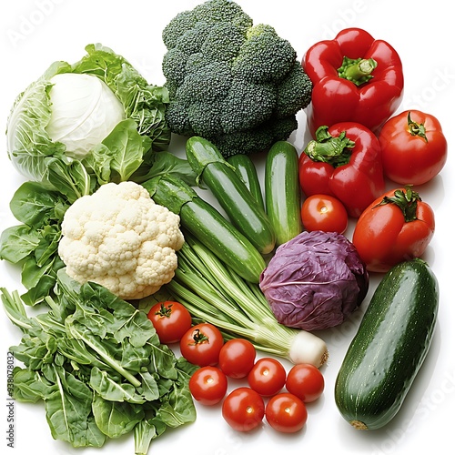 Fresh vegetables including broccoli, cauliflower, tomatoes, peppers, zucchini, cabbage, and spinach, ideal for a healthy salad