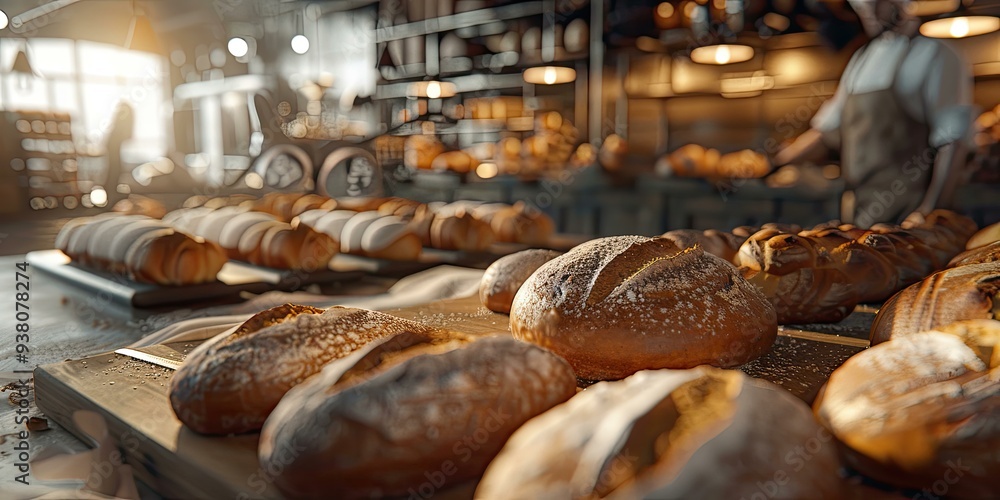 Freshly baked bread on display in bakery.