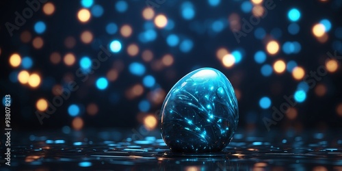 Luminous blue futuristic glowing Easter egg in swirling digital cyber vortex. photo