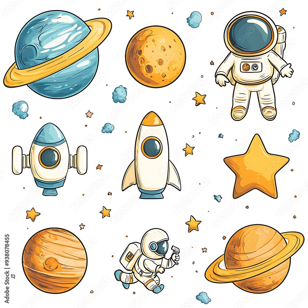 Astronaut with planets, rocket, and stars in a space-themed cartoon illustration, sparking imagination Astronaut with planets, rocket, and stars in a space-themed cartoon illustration, sparking imagination