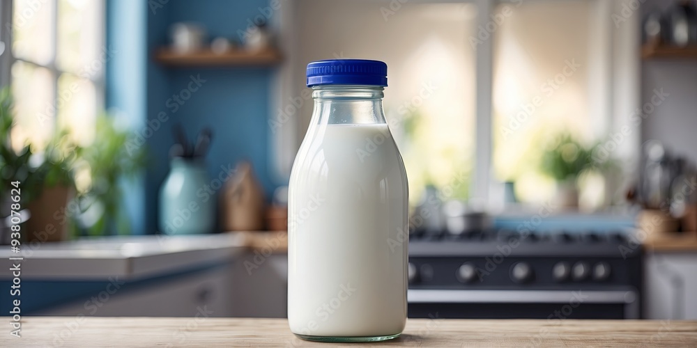 Milk bottle with a blue cap on a kitchen counter. Milk bottle with a blue cap on a kitchen counter.