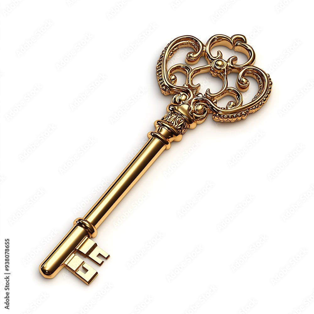 Ornate golden key representing success, security, opportunity, and access, an elegant symbol Ornate golden key representing success, security, opportunity, and access, an elegant symbol