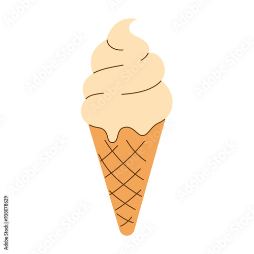 Hand drawn image of melted vanilla classic creamy soft serve ice cream in waffle cone isolated on transparent background. Summer Creme Brulee flavor. Minimalistic flat vector illustration EPS10