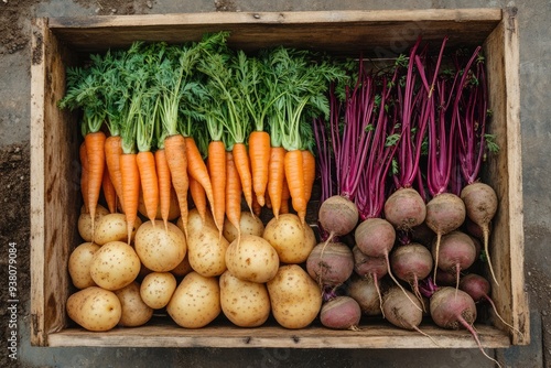 Freshly harvested carrots, potatoes, and radishes displayed in a rustic wooden crate on a wooden surface