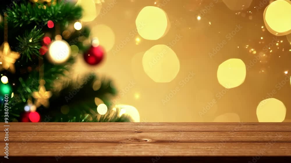 Wooden table set against a festive Christmas tree with colorful decorations in a cozy room Wooden table set against a festive Christmas tree with colorful decorations in a cozy room