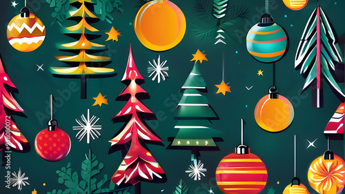 Festive holiday decorations featuring colorful Christmas trees and ornaments