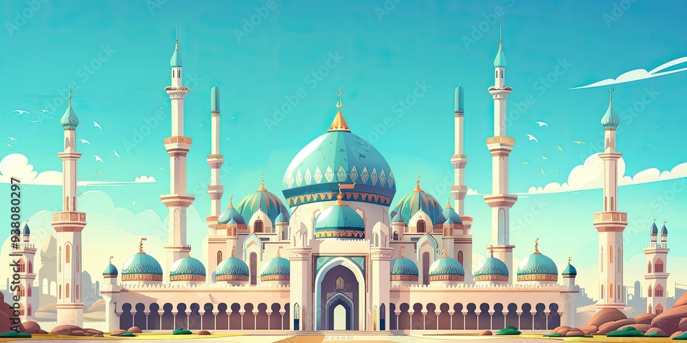 Fototapeta premium Mosque with multiple domes and minarets.