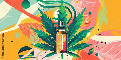 A cannabis oil bottle in a colorful abstract design. photo