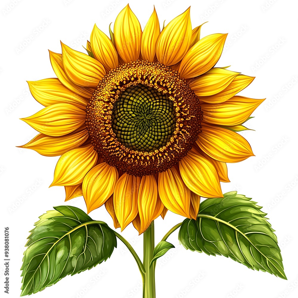 Naklejka premium Vibrant yellow sunflower with green leaves, standing out vividly against a white background, full of life and energy