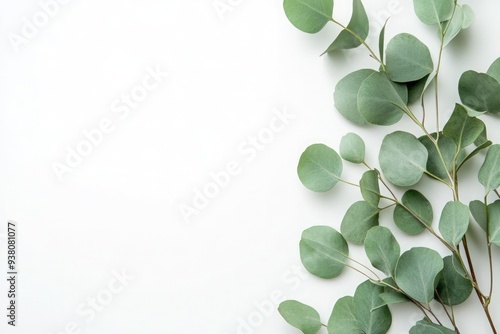 Fresh eucalyptus leaves arranged beautifully on a white background creating a natural and calming aesthetic for decor or design
