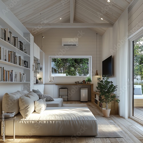 A contemporary onestory house with a white ceiling and openplan layout photo