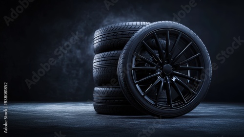 Alloy wheels with black round car tires and rubber tread on a black background