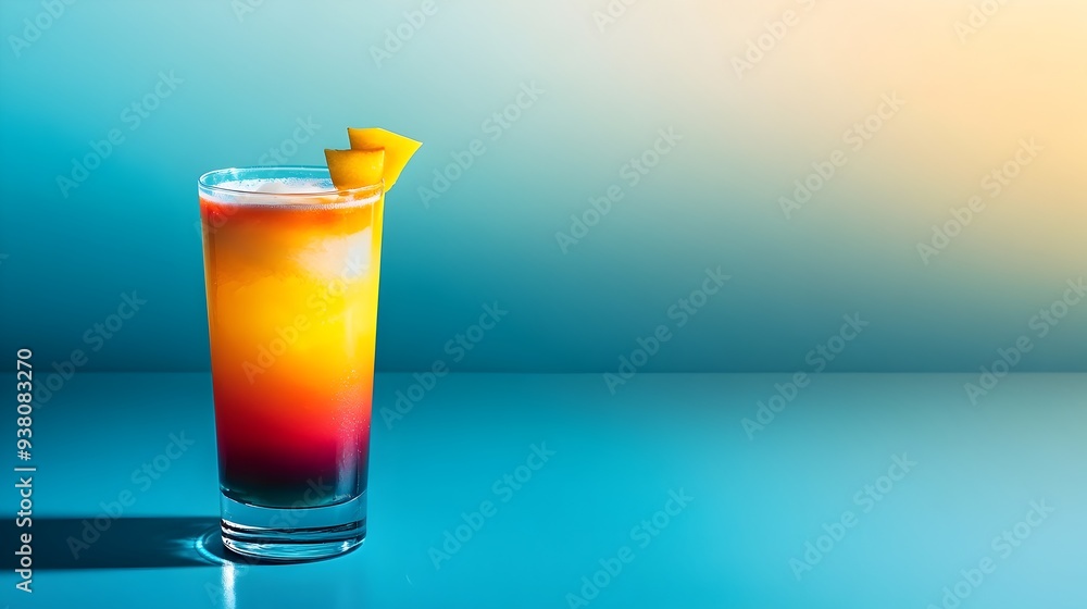 Visually Captivating Layered Cocktail Drink Served in Tall Transparent Glass with Vibrant Gradient Colors and Space for Text or Overlay Visually Captivating Layered Cocktail Drink Served in Tall Transparent Glass with Vibrant Gradient Colors and Space for Text or Overlay