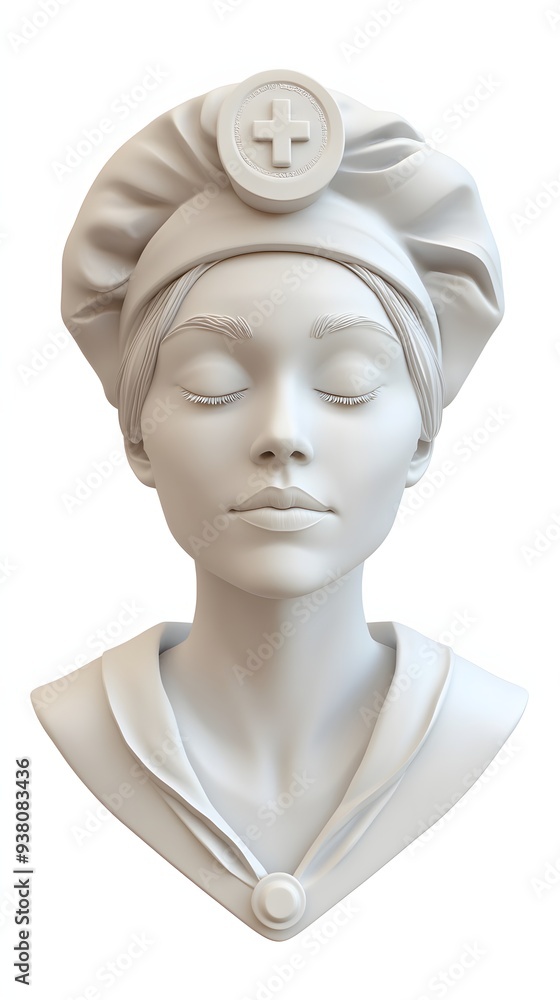 27. **A 3D render of a ceramic art portrait depicting a kind-hearted nurse with intricate facial details, isolated on a white background 27. **A 3D render of a ceramic art portrait depicting a kind-hearted nurse with intricate facial details, isolated on a white background