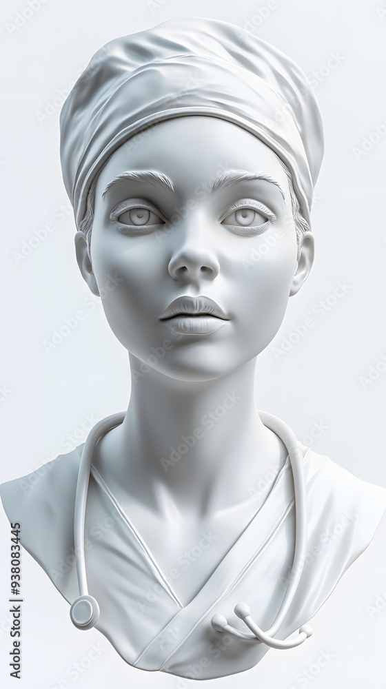 27. **A 3D render of a ceramic art portrait depicting a kind-hearted nurse with intricate facial details, isolated on a white background 27. **A 3D render of a ceramic art portrait depicting a kind-hearted nurse with intricate facial details, isolated on a white background