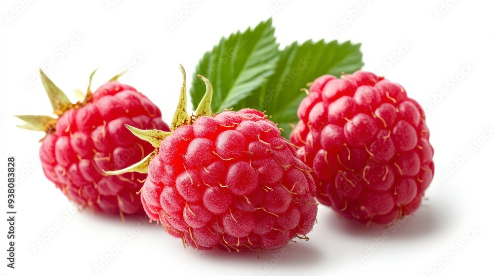 Three ripe red raspberries with green leaves isolated on white background. Three ripe red raspberries with green leaves isolated on white background.