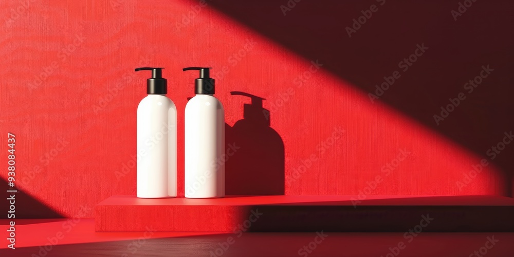 Fototapeta premium Two White Bottles on a Red Shelf