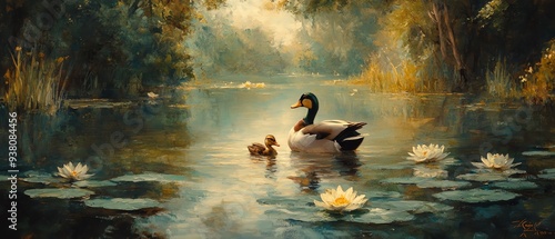 Textured vintage oil painting of a duck family in a forest pond