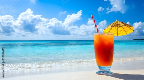 Refreshing tropical cocktail with colorful paper umbrella served on a sandy beach with the ocean and blue sky in the background providing ample copy space for advertising menu or product design