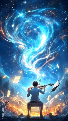 Musician Playing Violin Under Starry Sky.