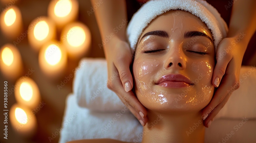 Face massage. Beautiful woman with closed eyes relaxes in spa center during facial massage. Masseuse massages face of client of beauty salon. Concept of skin care, spa, treatment and facial massage. Face massage. Beautiful woman with closed eyes relaxes in spa center during facial massage. Masseuse massages face of client of beauty salon. Concept of skin care, spa, treatment and facial massage.