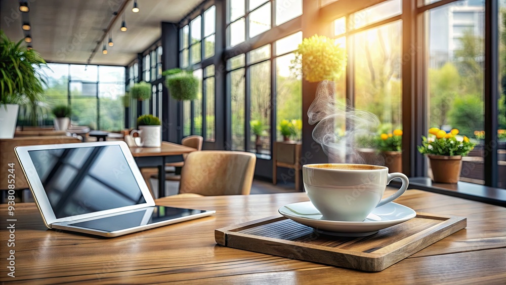 A modern coffee shop interior with a wooden table holding a steaming cup of coffee and an open iPad displaying a creative design project. A modern coffee shop interior with a wooden table holding a steaming cup of coffee and an open iPad displaying a creative design project.