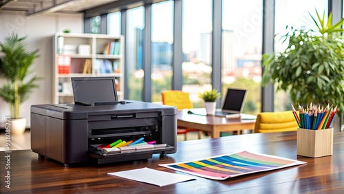 A modern color printer sits on a desk surrounded by paper, ink cartridges, and vibrant prints, with a subtle blurred background of a busy office. photo