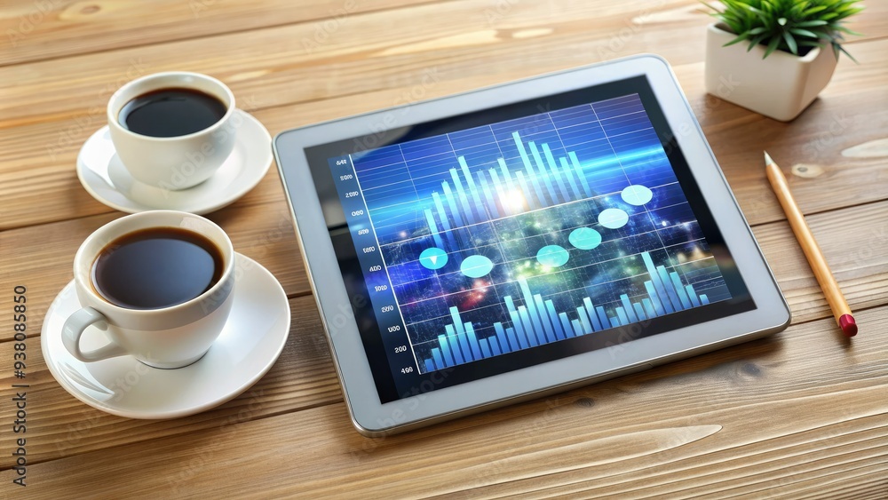 A modern digital tablet displays a live streaming waveform on its screen, surrounded by scattered social media post icons and empty coffee cups on a desk. A modern digital tablet displays a live streaming waveform on its screen, surrounded by scattered social media post icons and empty coffee cups on a desk.