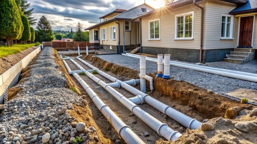 A modern drainage system installation in progress, with PVC pipes and fittings exposed under a residential home's concrete foundation, surrounded by dirt and gravel. photo