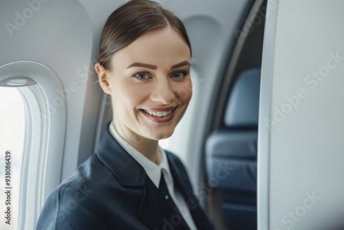 A smiling woman in a business suit is sitting in a airplane seat. She is looking at the camera with a friendly and confident expression.