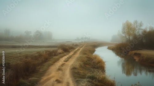 Misty Rural Landscape with Dirt Road and Tranquil River. AI generated illustration photo