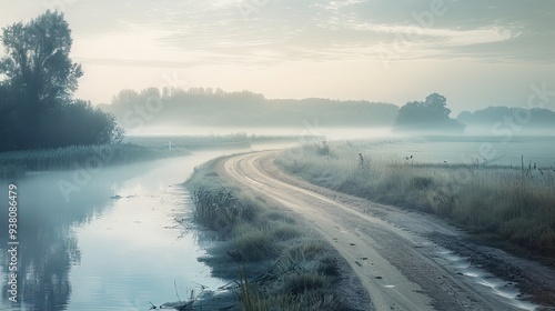 Misty Rural Landscape with Dirt Road and Tranquil River. AI generated illustration photo