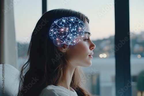 Profile of a Woman in a Modern Interior with a Brain Hologram Overlay Signifying Thoughtful Contemplation Mental Health and Inner Reflection