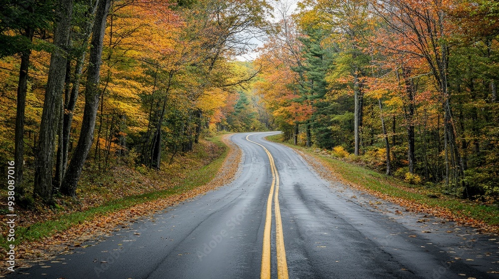 A winding road through a forest with autumn leaves on the trees and the ground. A winding road through a forest with autumn leaves on the trees and the ground.