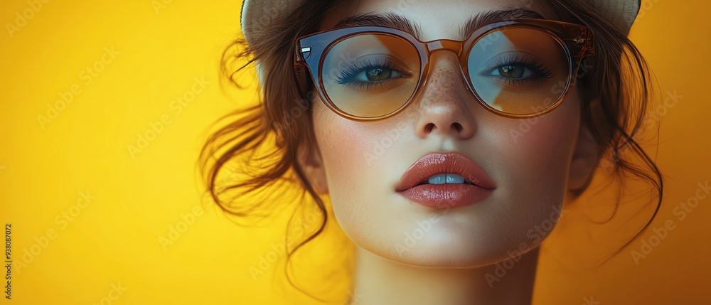 Fototapeta premium Cool chick wearing sunglasses and a cap, standing against a vibrant yellow background, looking stylish