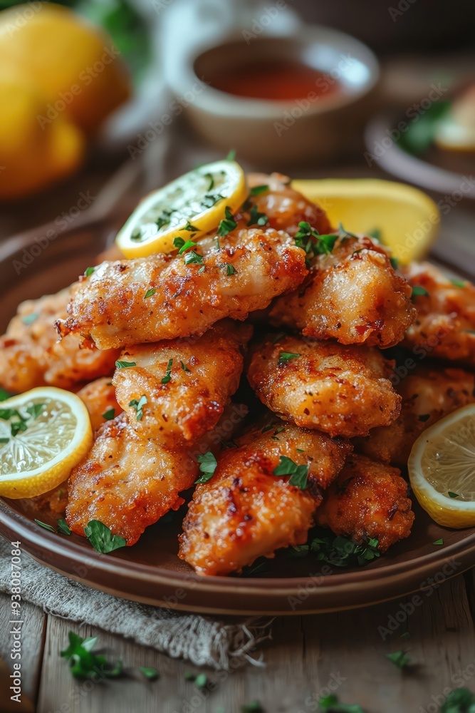 Crispy chicken tenders with lemon slices on a rustic plate, served on a wooden table Crispy chicken tenders with lemon slices on a rustic plate, served on a wooden table