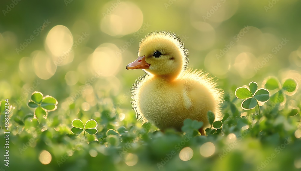 Duckling exploring a lush green field, lost in the soft textures of the clover leaves Duckling exploring a lush green field, lost in the soft textures of the clover leaves