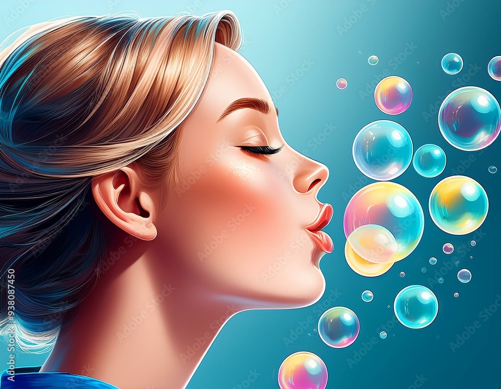 Girl blowing soap bubbles, cartoon illustration. Profile portrait of a young beautiful woman with closed eyes. Girl blowing soap bubbles, cartoon illustration. Profile portrait of a young beautiful woman with closed eyes.