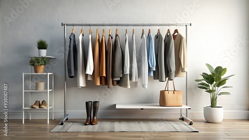 A modern, minimalist clothing rack illustration with clean lines and simple shapes, showcasing a variety of garments in a stylish and organized manner.