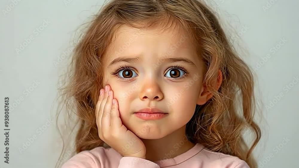 A small youngster isolated against a drab studio background places his palm to his cheek and complains of tooth discomfort. A small youngster isolated against a drab studio background places his palm to his cheek and complains of tooth discomfort.