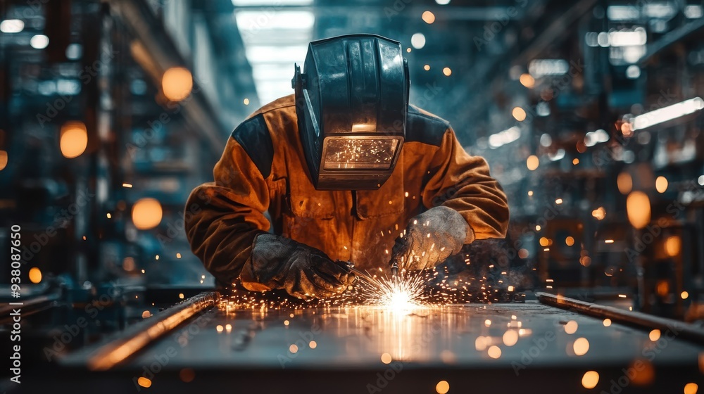 An industrial welder with a torch, sparks flying as they work on a metal structure in a factory setting, showcasing the intensity and skill of welding. An industrial welder with a torch, sparks flying as they work on a metal structure in a factory setting, showcasing the intensity and skill of welding.