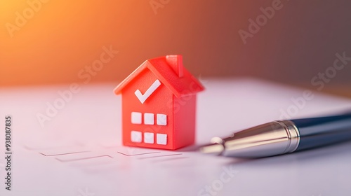 Red House Model with Checkmark and Pen on White Paper